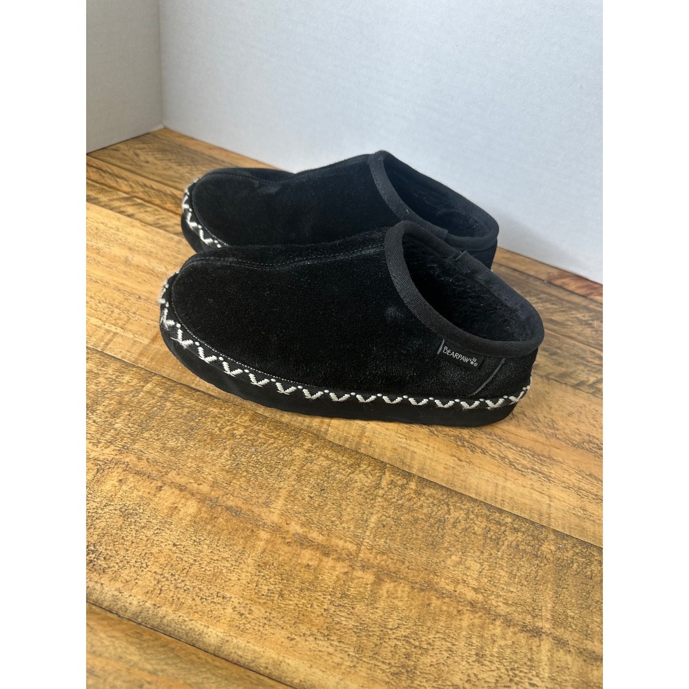 Bearpaw Youth Black Suede Slippers Faux Fur Lined Size 4 Kids N18-4‎